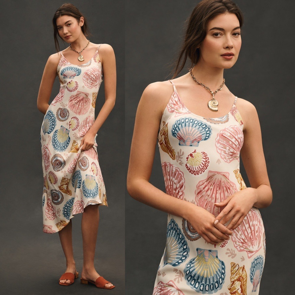 NWT Anthropologie Conditions Apply Elva Slip Dress Petite XS Seashell Print Midi